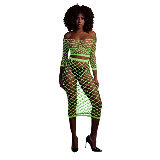 Dlouhý rukávovaný crop top a dlouhá sukně - Jedna velikost - Neonová zelená