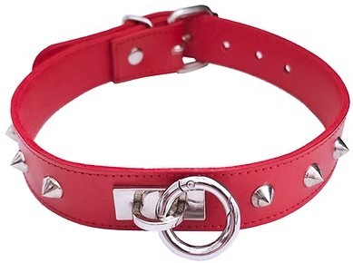 ROUGE Leather Thin O-Ring Studded Collar with Detachable O-Ring Red