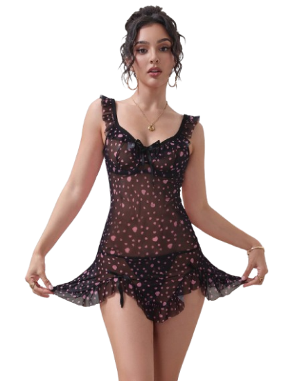 Black Heart Printed Mesh Ruffled Sexy Nightdress XL