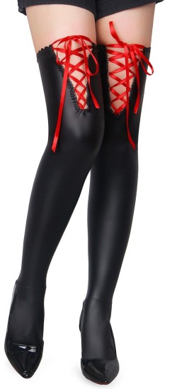 Black Sexy PU Leather Stockings With Red Cross Straps XS-M